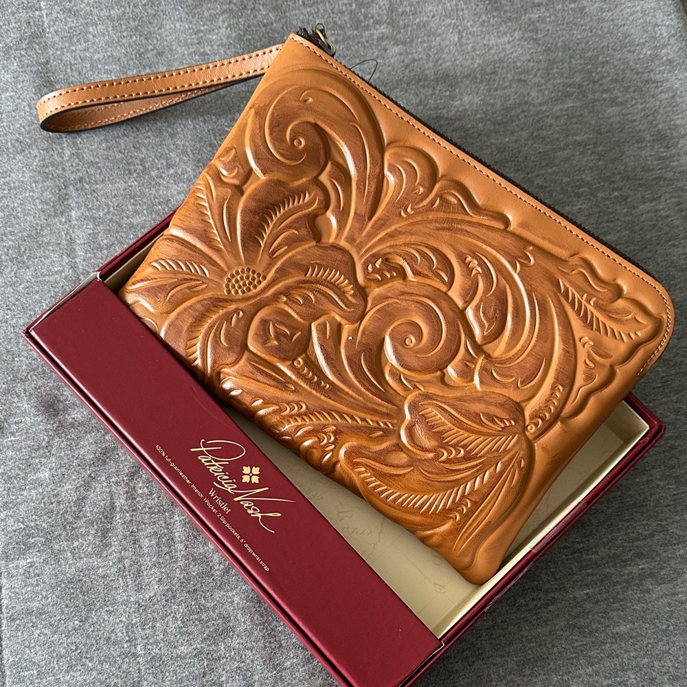Patricia Nash Tan Embossed Leather Wristlet